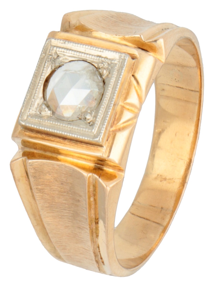 14K Geelgouden herenring met roos geslepen diamant.