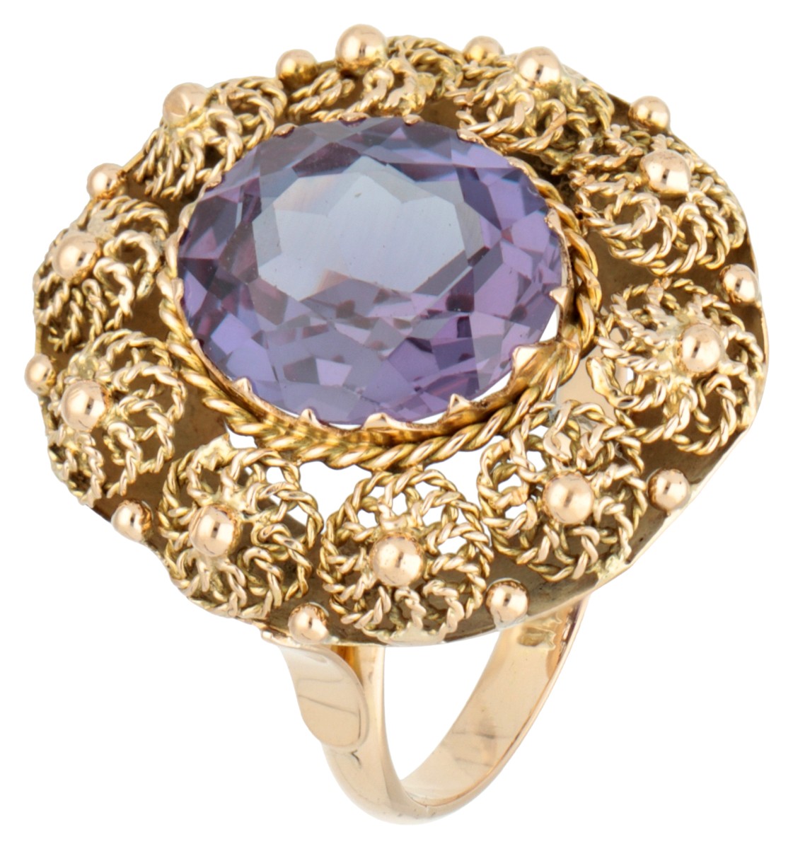 14K Geelgouden entourage ring met paarse synthetische saffier.