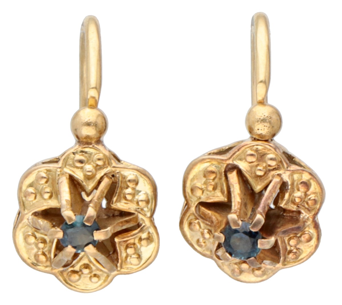Antieke 14K geelgouden dormeuse oorbellen met blauwe simili.