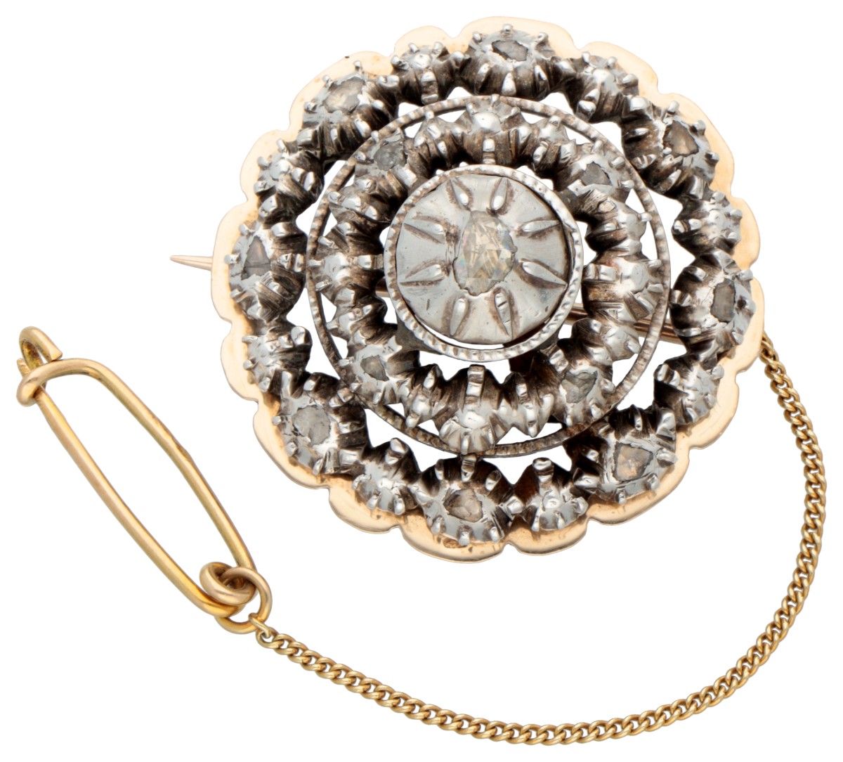 14K Gouden antieke broche met roos geslepen diamant gezet in zilver.