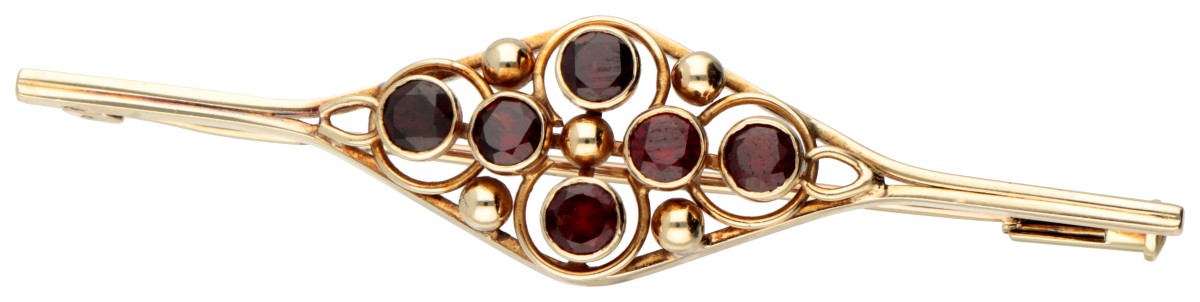 Friese 14K geelgouden staafbroche met granaat.