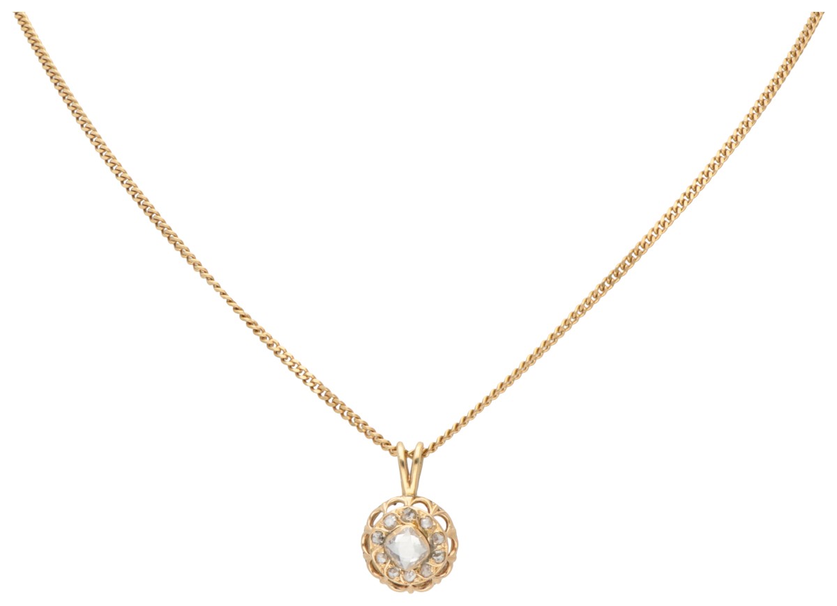 18K Geelgouden hanger met oud slijpsel diamanten aan collier.