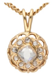 18K Geelgouden hanger met oud slijpsel diamanten aan collier.