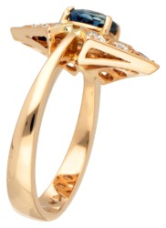 No reserve - 18K Geelgouden entourage ring bezet met synthetische saffier en diamant.