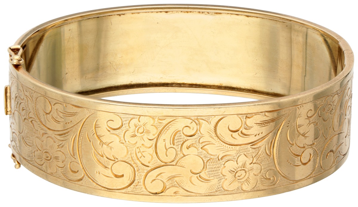 14K Geelgouden vintage bangle armband met sierlijke florale details.