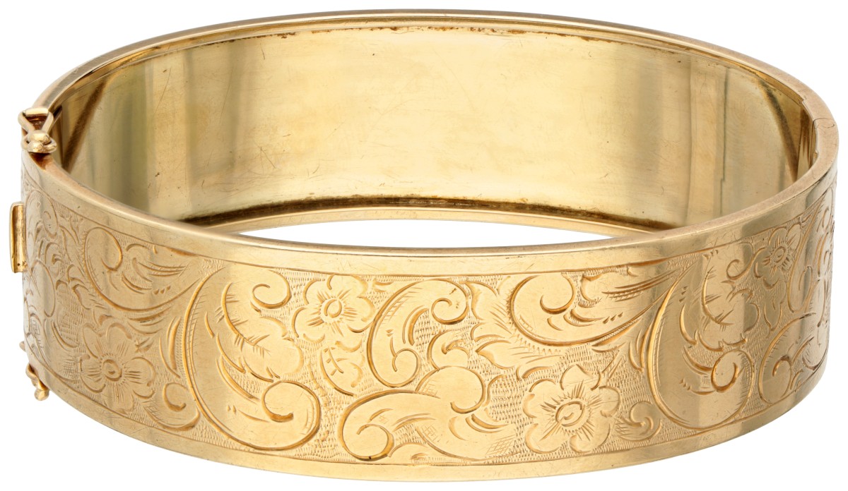 14K Geelgouden vintage bangle armband met sierlijke florale details.