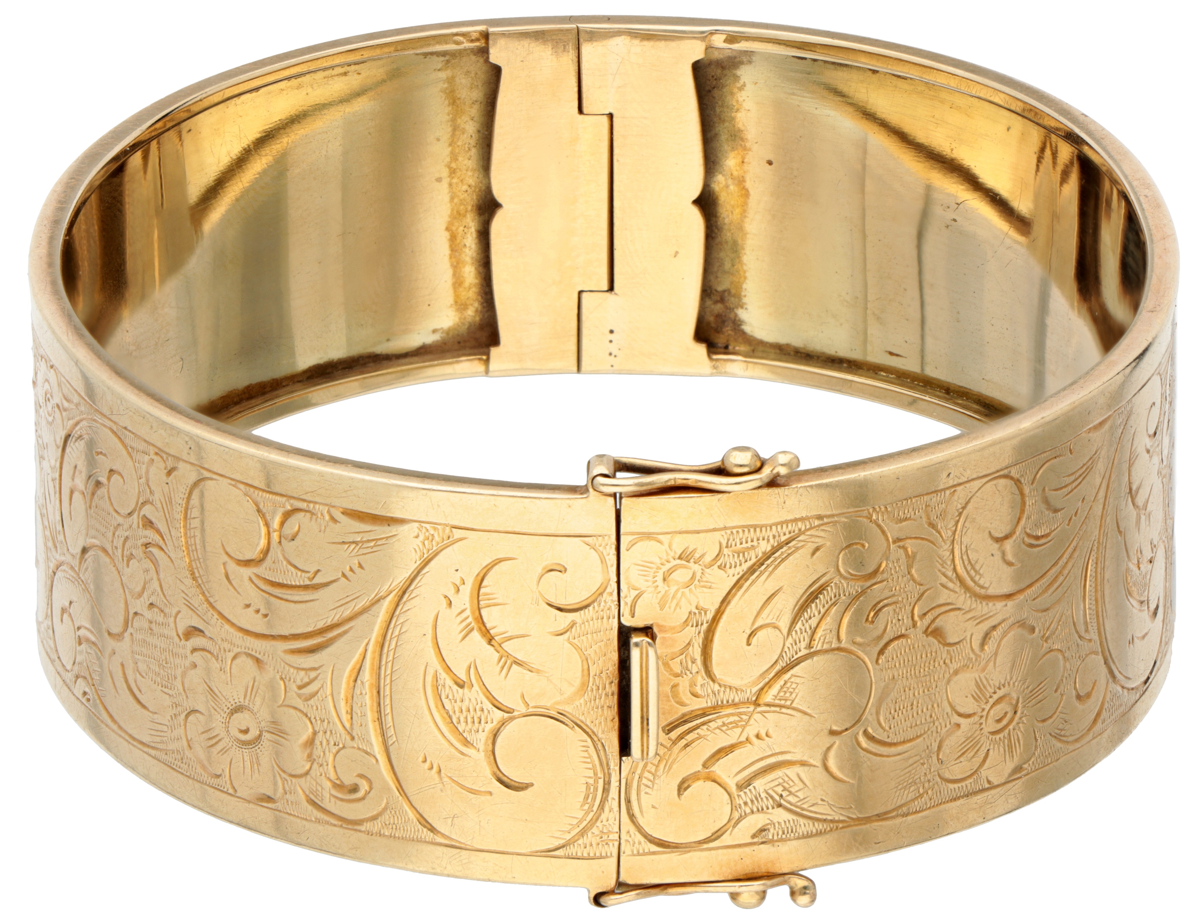 14K Geelgouden vintage bangle armband met sierlijke florale details.