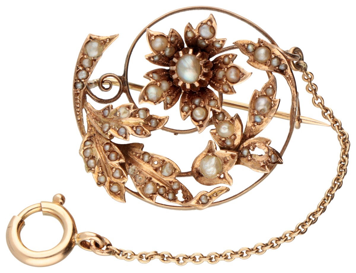 14K Geelgouden antieke florale broche bezet met zaadparels.