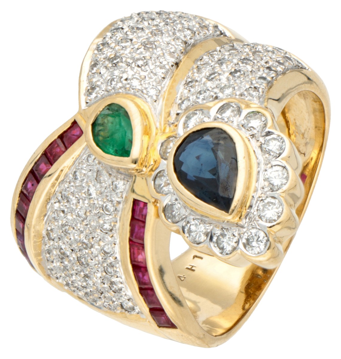 18K Geelgouden asymmetrische design ring bezet met ca. 1.12 ct. diamant, smaragd, saffier, robijn.