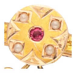 18K Geelgouden antieke broche met faux parels en simili.