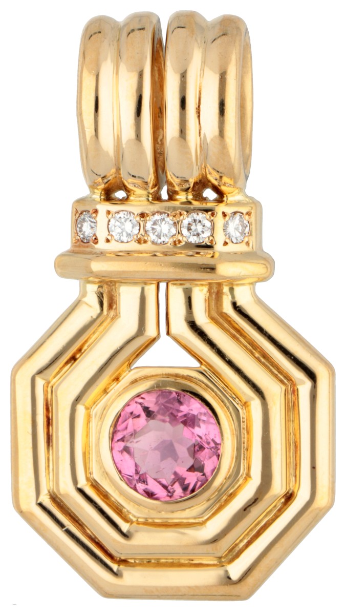 18K Geelgouden moderne bulla hanger met roze toermalijn en diamant.