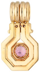 18K Geelgouden moderne bulla hanger met roze toermalijn en diamant.