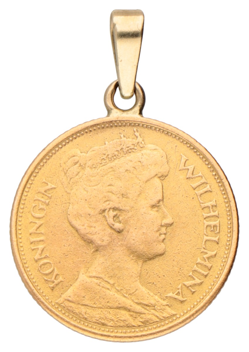 21.6K Gouden 5 gulden hanger met Koningin Wilhelmina, 1912.