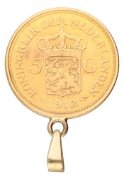 21.6K Gouden 5 gulden hanger met Koningin Wilhelmina, 1912.