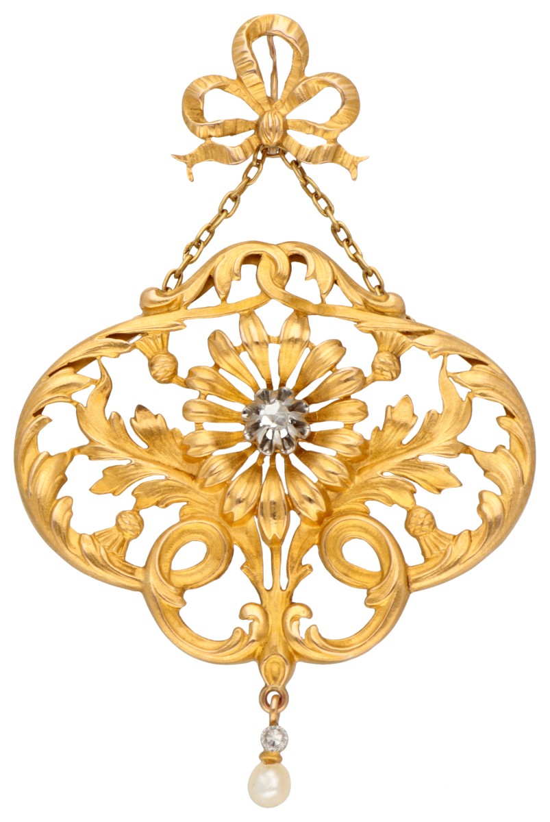 Franse antieke 18K geelgouden opengewerkte hanger met distel decoraties. 