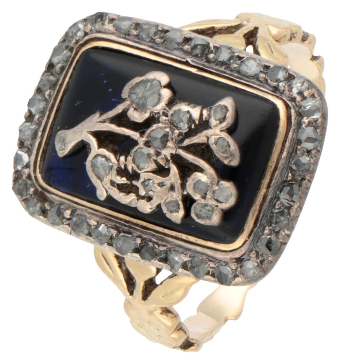 BWG gouden / zilveren entourage ring met boeket op Bristol glas gezet met diamant.