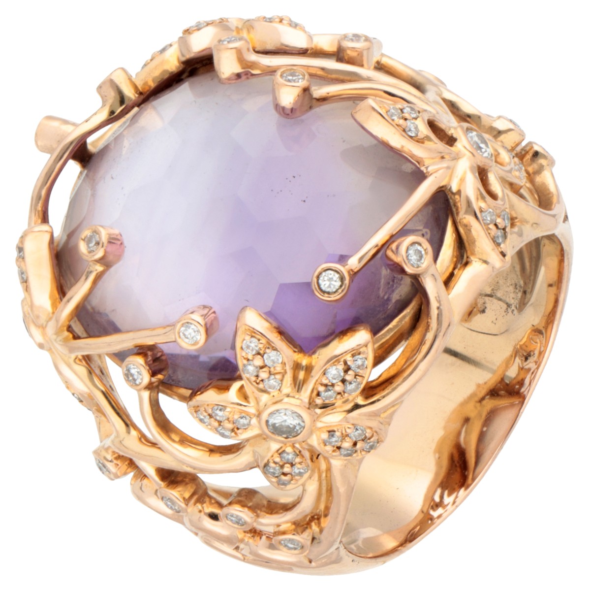 18K Gouden design ring met topaas op parelmoer en diamant.