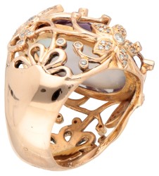 18K Gouden design ring met topaas op parelmoer en diamant.