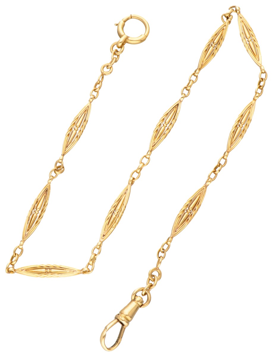 Franse antieke 18K. geelgouden zakhorloge ketting met navette-vormige schakels.