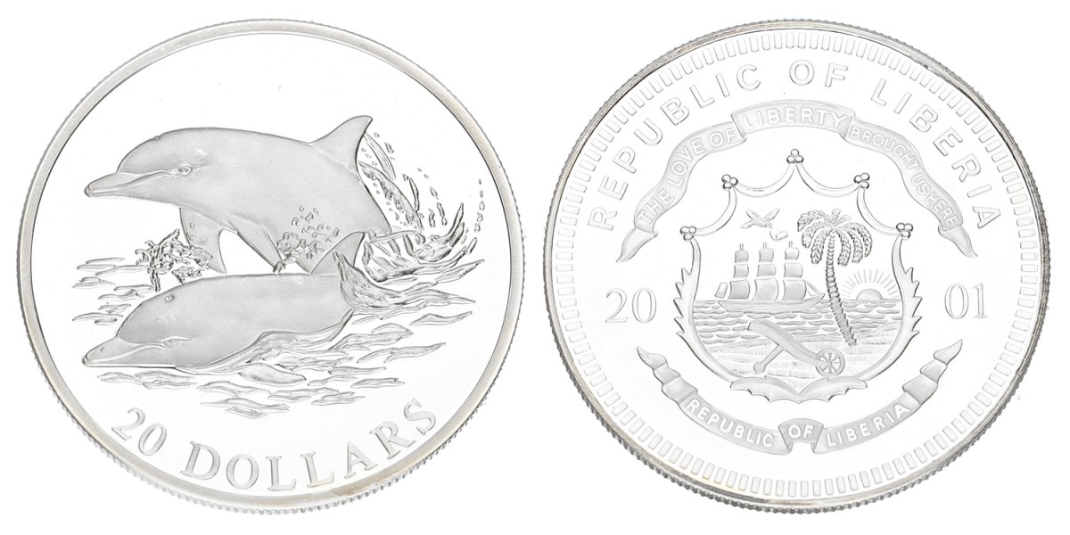 Liberia. 20 Dollar 'Dolphins'. 2001.