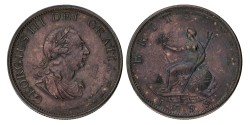 Great Britain. George III. ½ Penny - Incuse gun ports. 1799 SOHO.