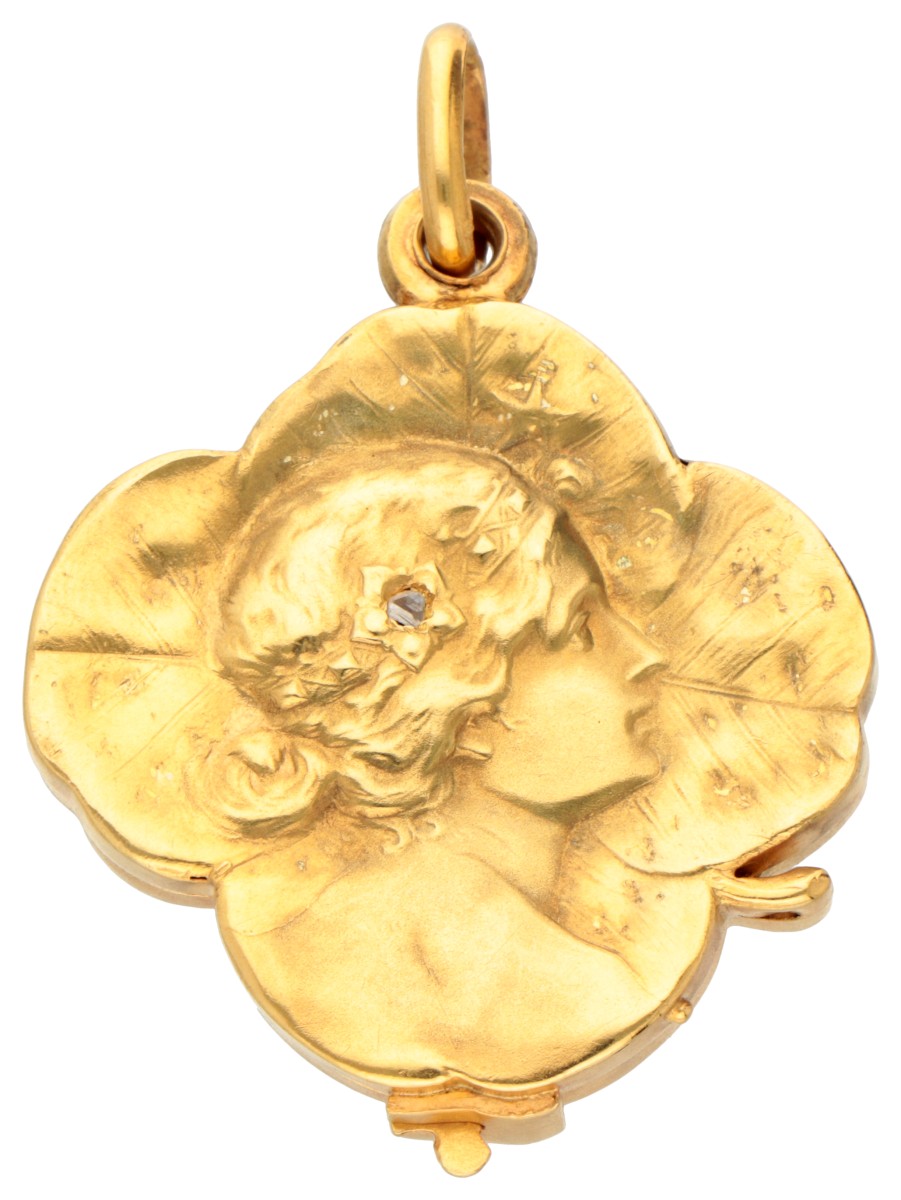 No reserve - Art Nouveau 18K geelgouden medaillon met vrouwenprofiel met diamant.