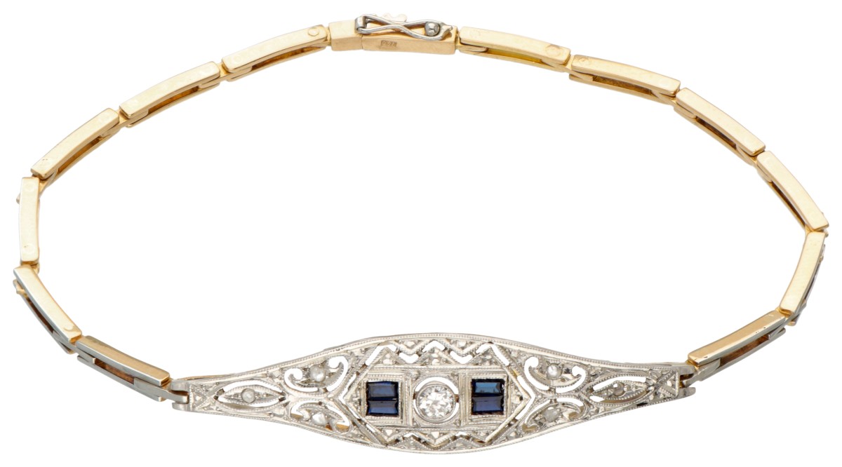 18K Bicolour gouden Art Deco armband bezet met diamant en synthetische saffier.