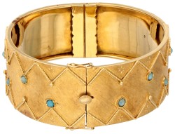 Brede 18K geelgouden bangle armband bezet met turkoois.