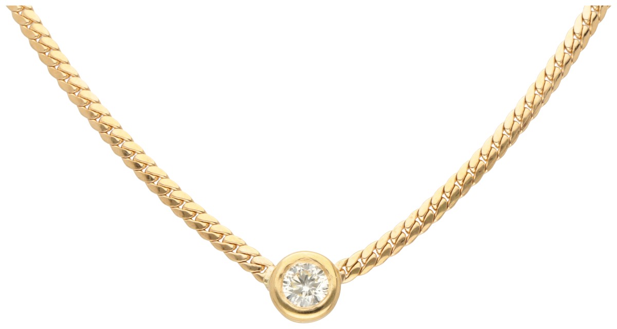 Franse 18K geelgouden vossenstaart collier bezet met solitair diamant van ca. 0.60 ct.