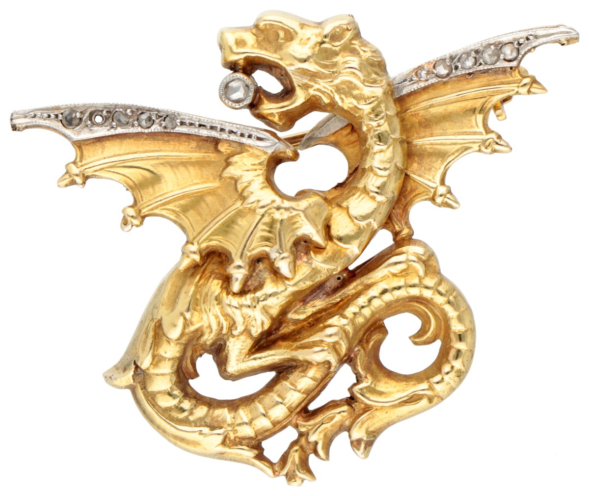 Gouden / platina Chimera broche met diamant.