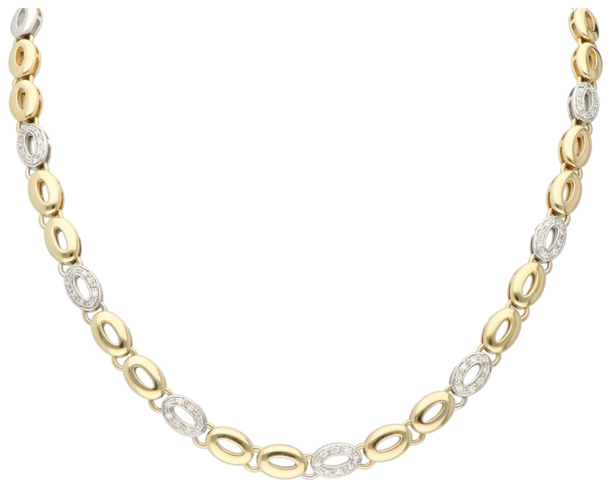 14K Bicolour gouden schakelcollier bezet met ca. 0.40 ct. diamant.