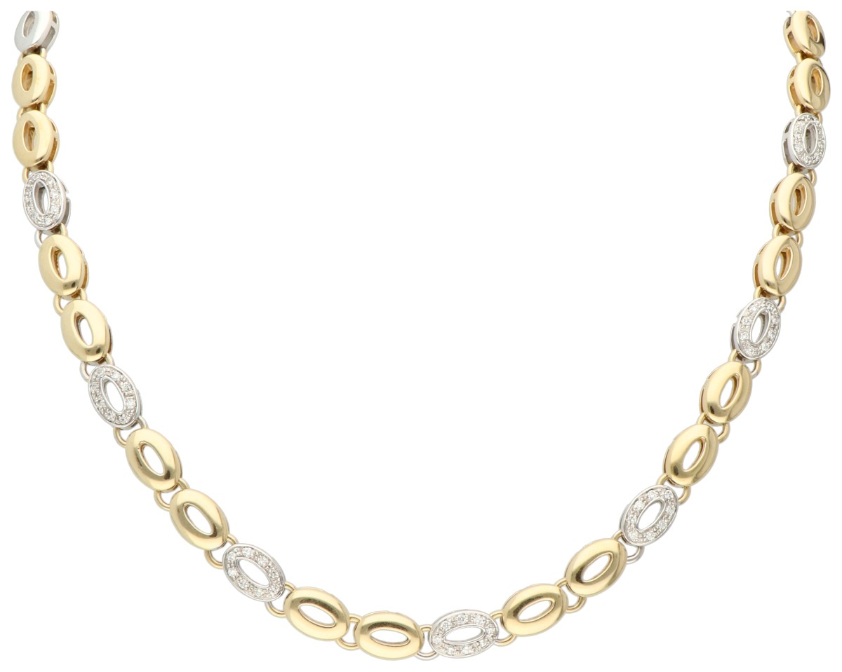 14K Bicolour gouden schakelcollier bezet met ca. 0.40 ct. diamant.