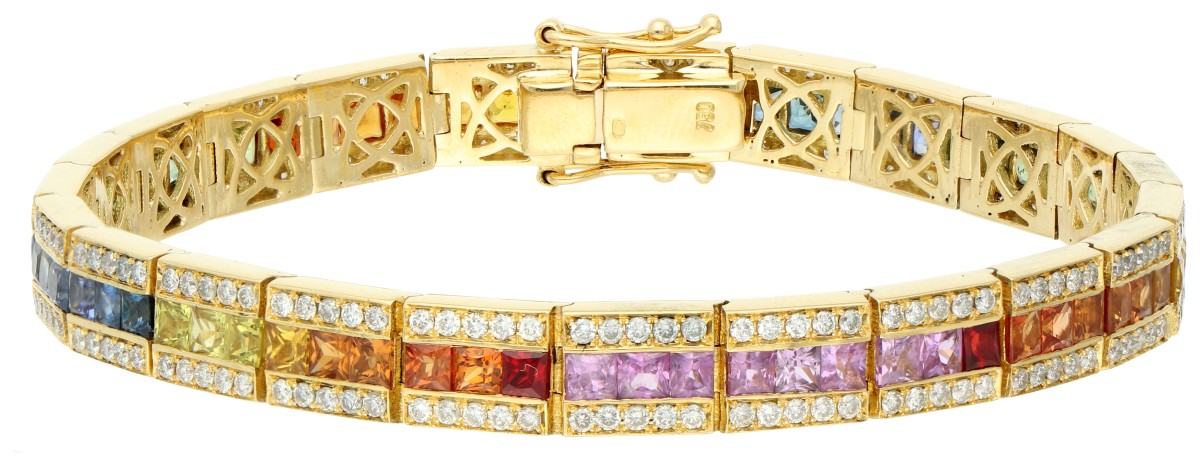 18K Geelgouden regenboog armband bezet saffier en ca. 1.20 ct. diamant.