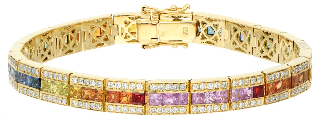 18K Geelgouden regenboog armband bezet saffier en ca. 1.20 ct. diamant.