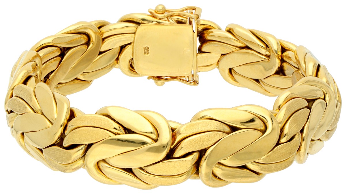 14K Geelgouden armband met gladde en matte fantasieschakels.