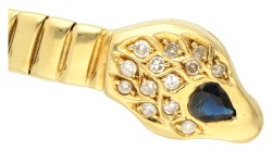 18K Geelgouden slangenarmband met peervormige synthetische saffier en bezet met ca. 0.33 ct. diamant.