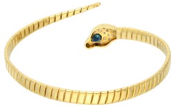 18K Geelgouden slangenarmband met peervormige synthetische saffier en bezet met ca. 0.33 ct. diamant.