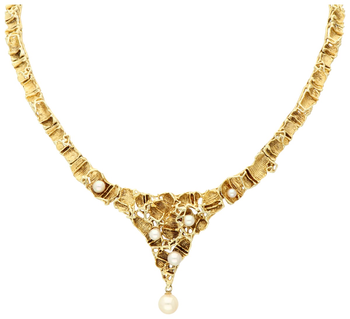 14K Geelgouden choker jaren 1970 met gecultiveerde parels.