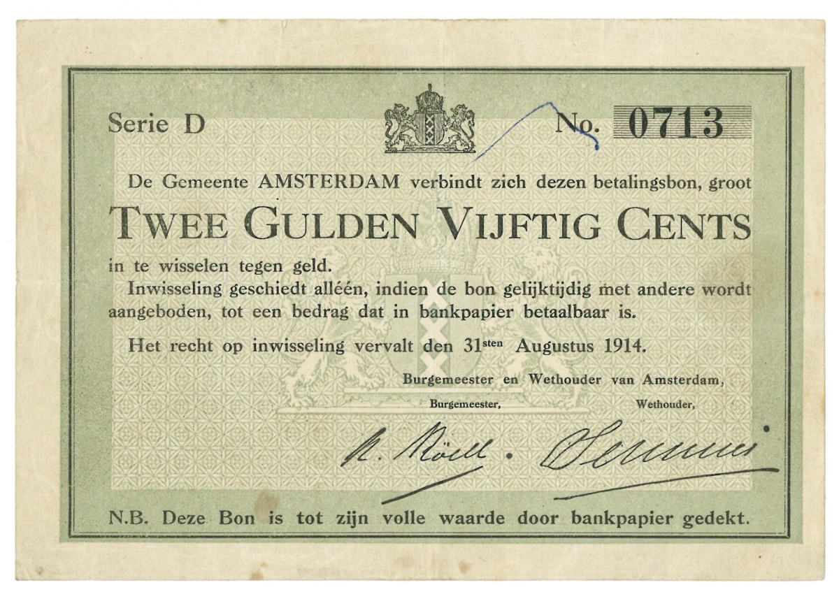 Nederland. 2½ gulden. Waardebon. Type 1914. Type Amsterdam. - Zeer Fraai.