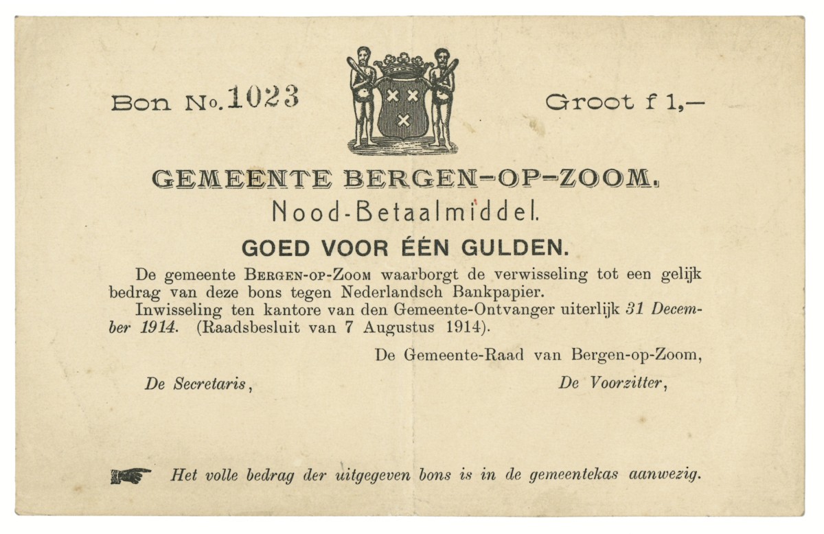 Nederland. 1 gulden. Waardebon. Type 1914. Type Bergen op Zoom. - Zeer Fraai +.