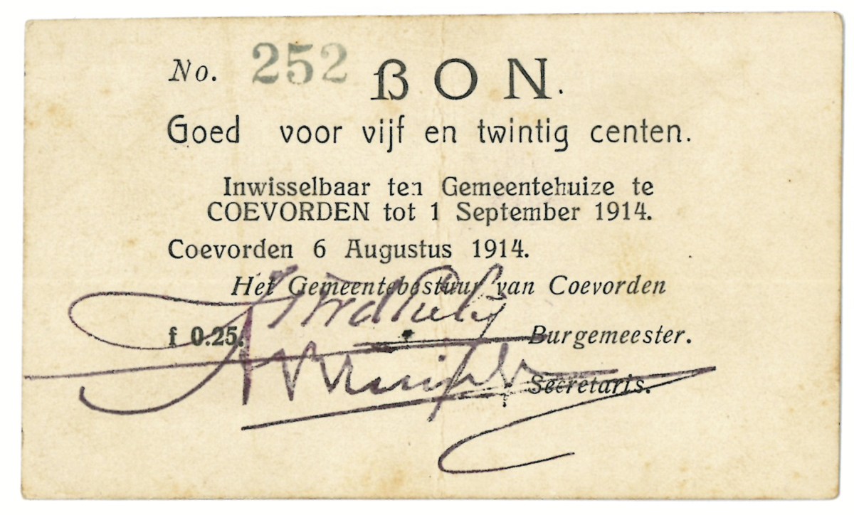 Nederland. 25 cent. Waardebon. Type 1914. Type Coevorden. - Zeer Fraai +.