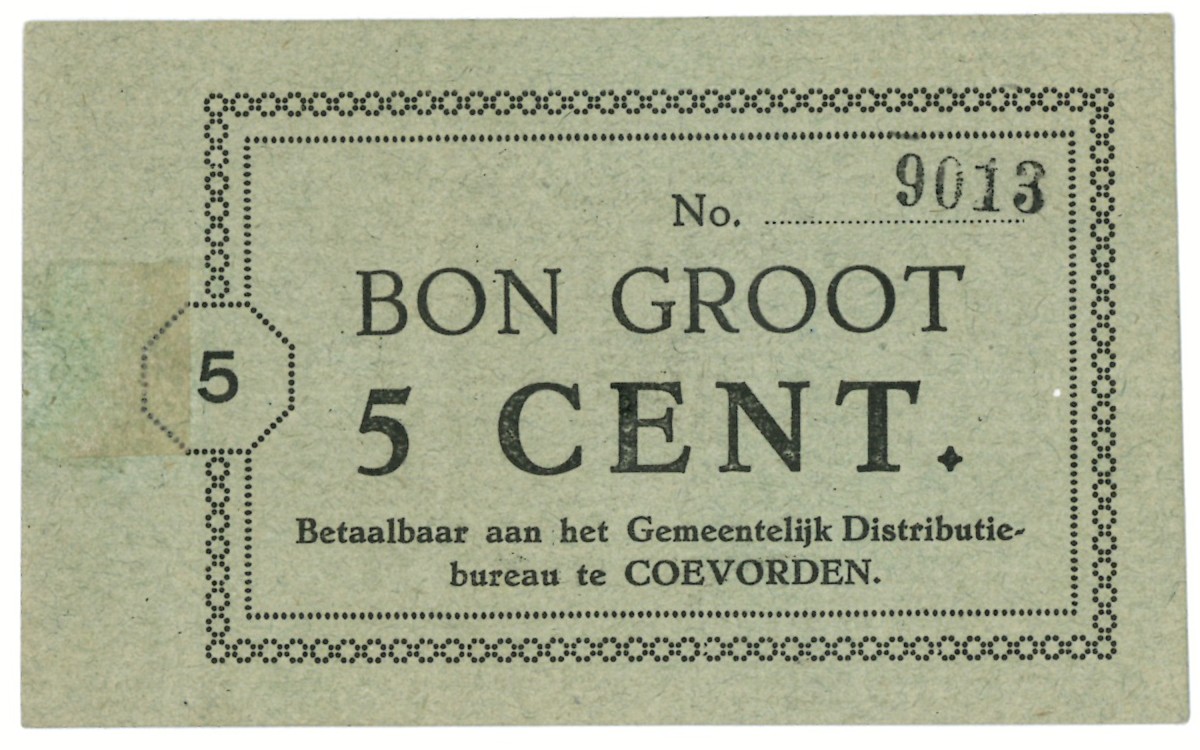 Nederland. 5 cent. Waardebon. Type 1914. Type Coevorden. - Zeer Fraai +.