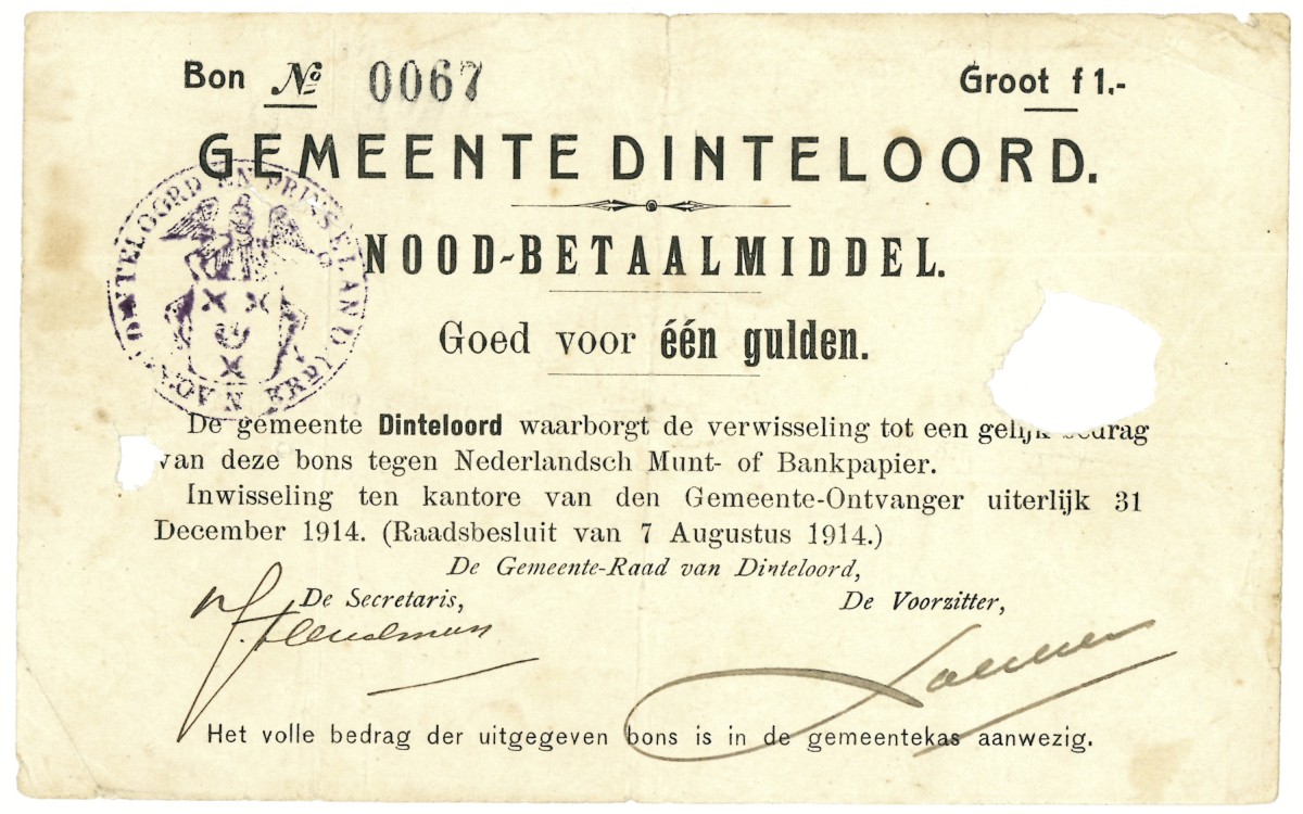 Nederland. 1 gulden. Waardebon. Type 1914. Type Dinteloord. - Zeer Fraai.