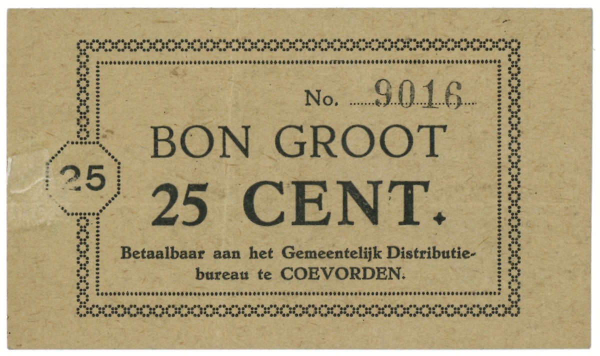 Nederland. 25 cent. Waardebon. Type 1914. Type Coevorden. - Zeer Fraai.