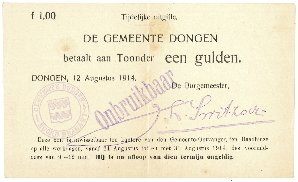 Nederland. 1 gulden. Waardebon. Type 1914. Type Dongen. - Zeer Fraai.