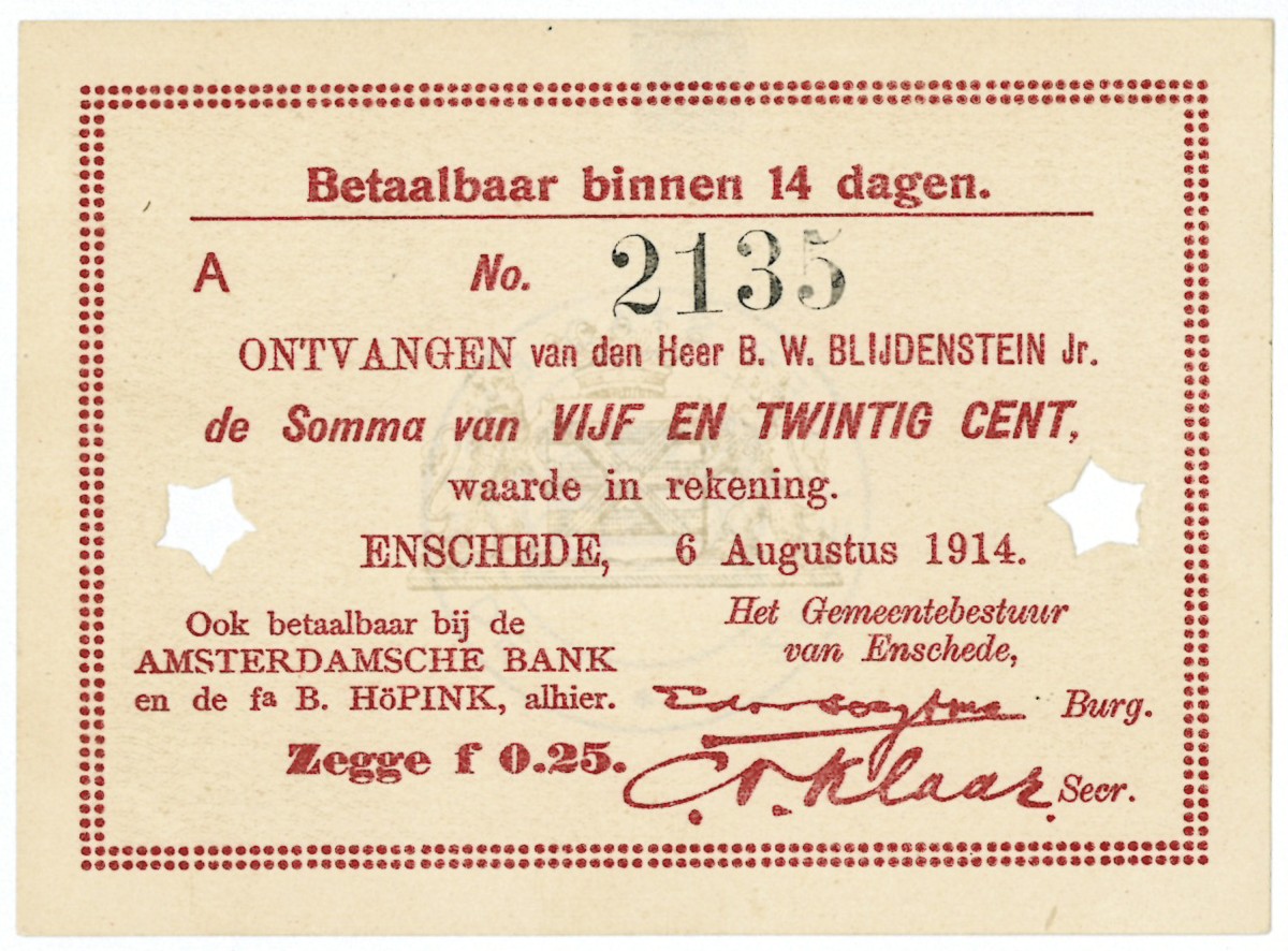 Nederland. 25 cent. Waardebon. Type 1914. Type Enschede. - Prachtig.