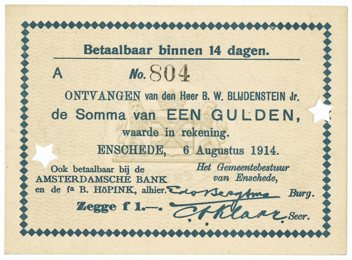 Nederland. 1 gulden. Waardebon. Type 1914. Type Enschede. - Zeer Fraai.