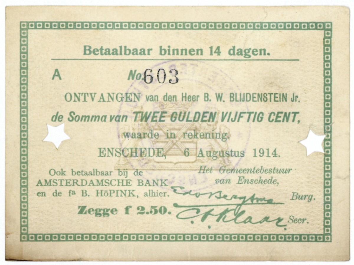 Nederland. 2½ gulden. Waardebon. Type 1914. Type Enschede. - Fraai -.