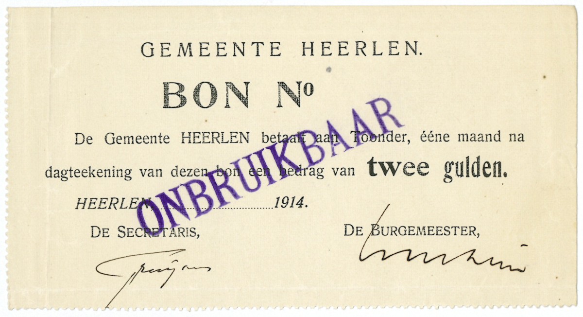 Nederland. 2 gulden. Waardebon. Type 1914. Type Heerlen. - Zeer Fraai / Prachtig.