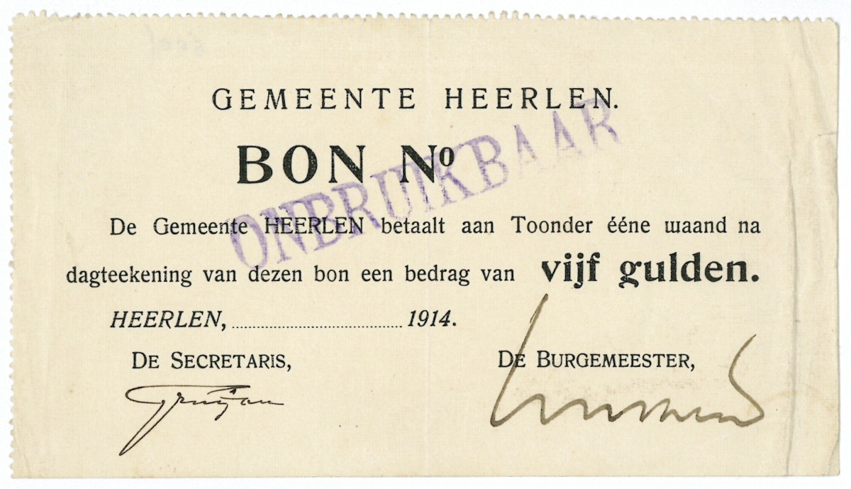 Nederland. 5 gulden. Waardebon. Type 1914. Type Heerlen. - Zeer Fraai / Prachtig.